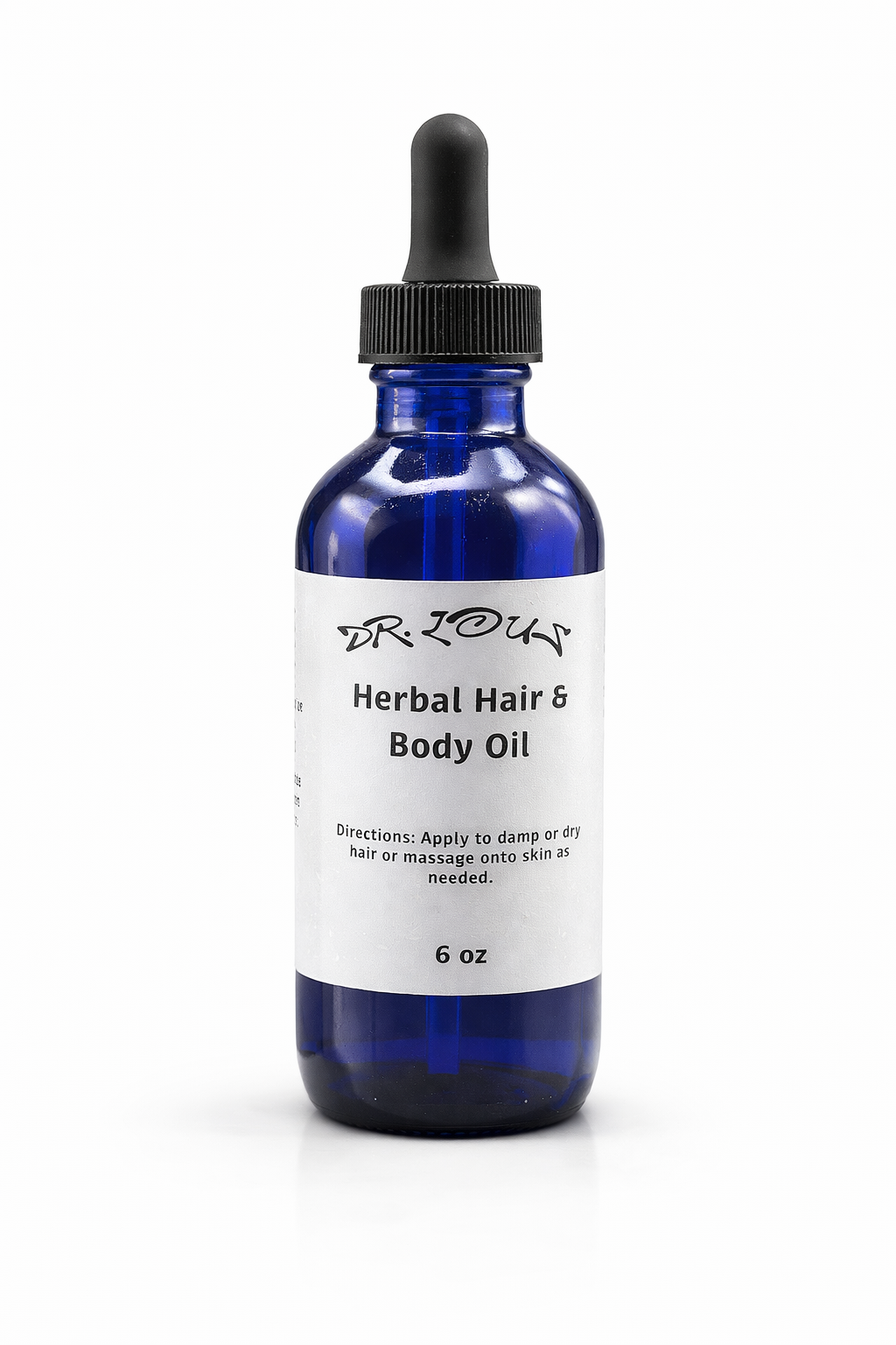 Dr. Lou's Herbal Hair & Body Oil botanical nourishing oil with sandalwood and vanilla, handcrafted with chia, hemp, pumpkin, argan, avocado, jojoba, and castor oils.